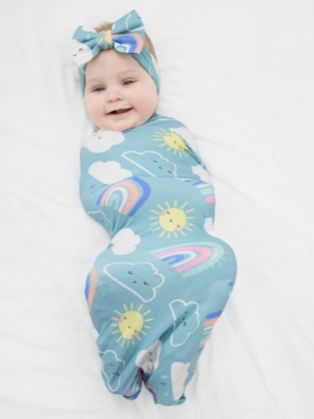 NIB Little Sleepies Sunny Skies Swaddle & Luxe Bow Headband Photo Rainbow bamboo